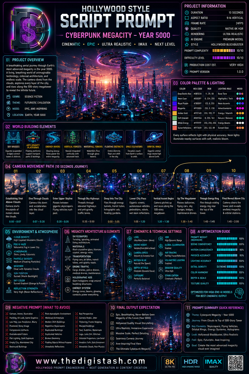 DigiStash Hollywood Style Script Prompt — Cyberpunk Megacity Year 5000